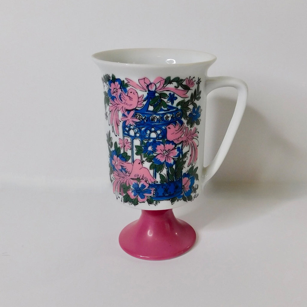 Vintage ARNART 5th Ave Birds Floral Footed Pedestal Mug Coffee Tea Pink White
