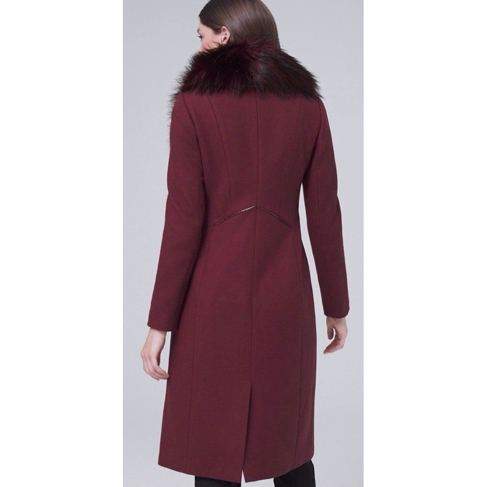 WHBM Burgundy Long Coat Removable Faux Fur Collar White House Black Market XS