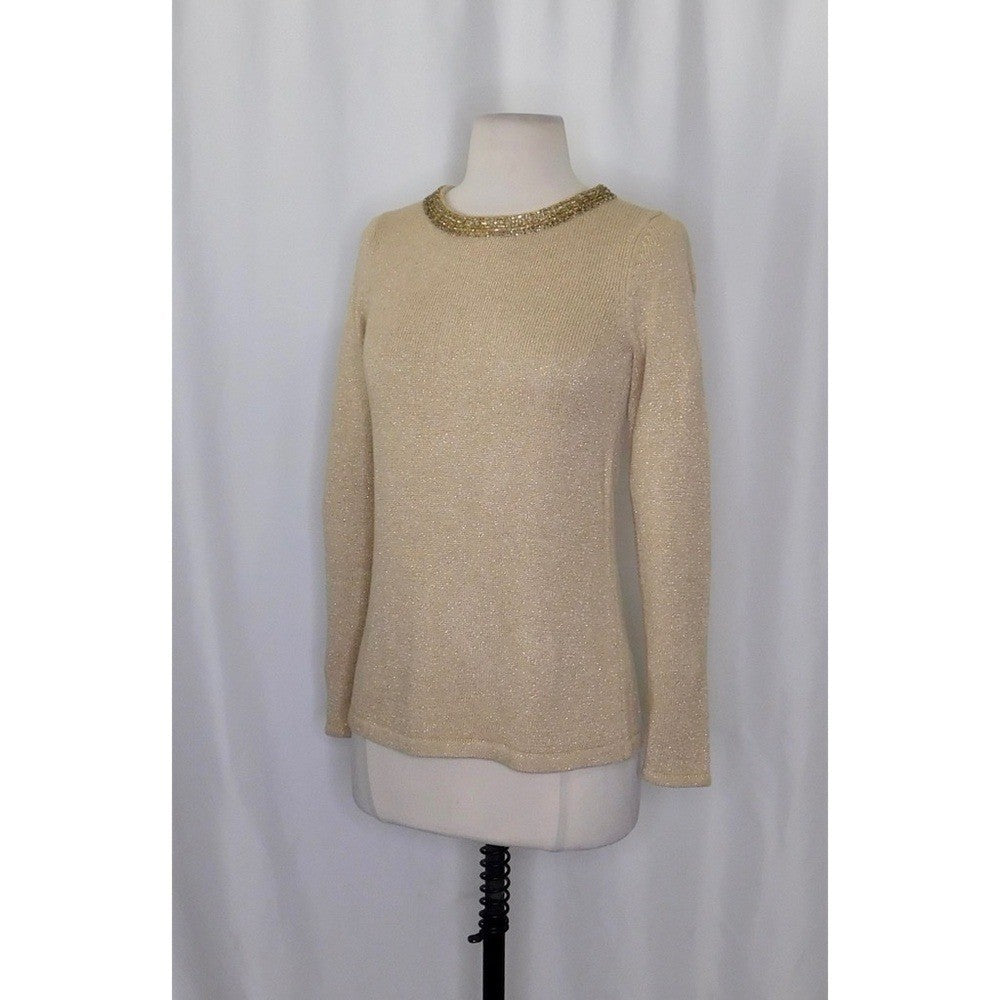 J. MCLAUGHLIN Metallic Gold Beaded Neckline Pullover Sweater Beading X-Small