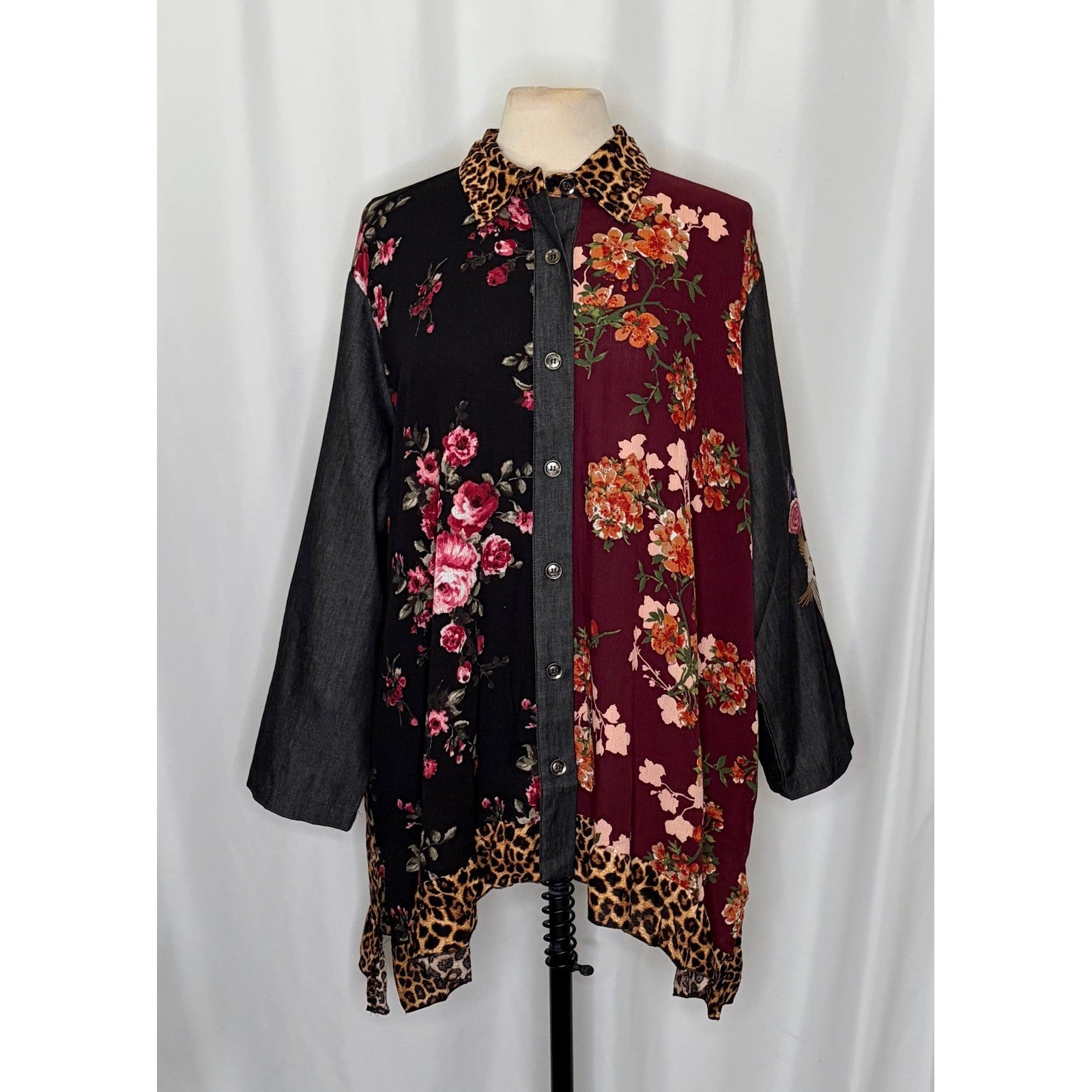NWT!! CALESSA Embroidered Floral Leopard Print Buttondown Top Blouse Size 3X