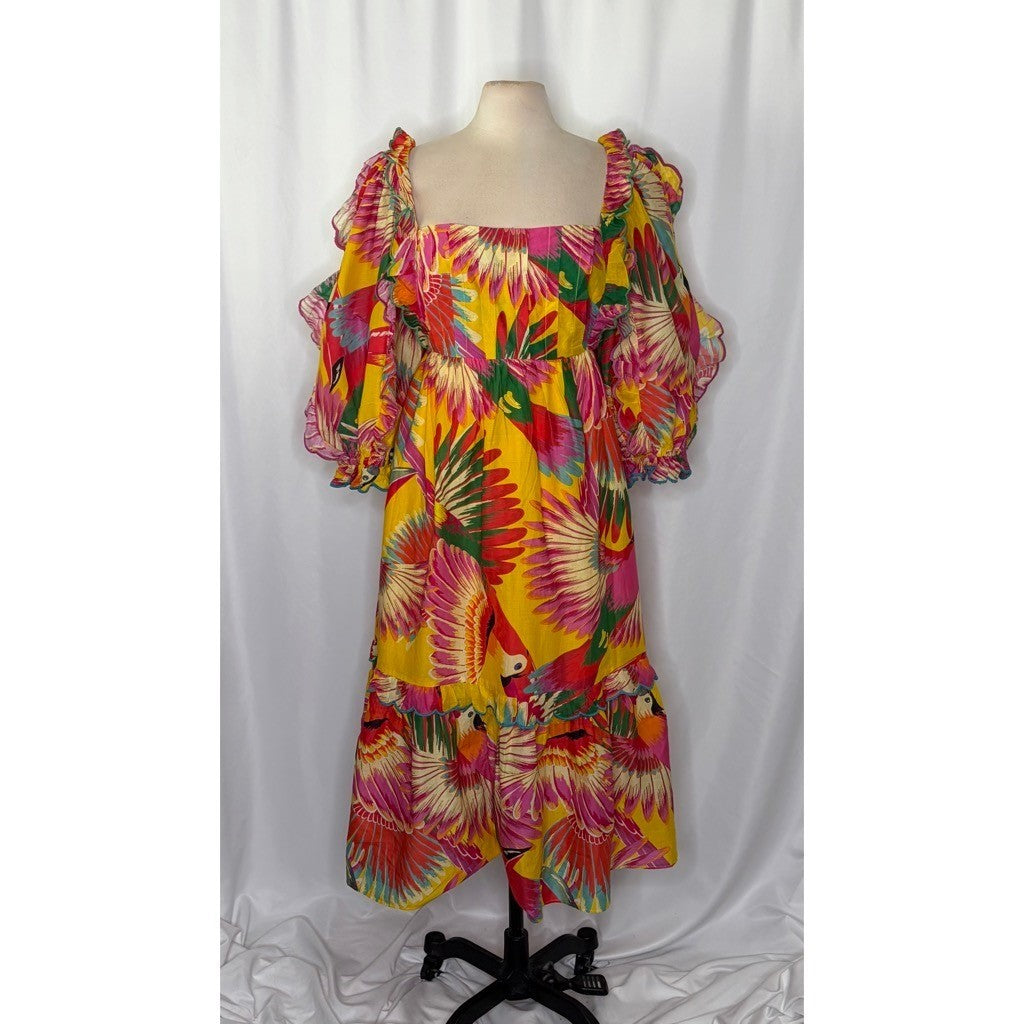 FARM RIO Colorful Toucans Scallops Midi Dress Birds Vacation Embroidered X-Large