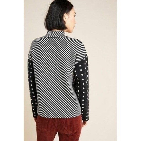 By ANTHROPOLOGIE Lizzie Mock Neck Sweater Black White Polka Dot Striped Large