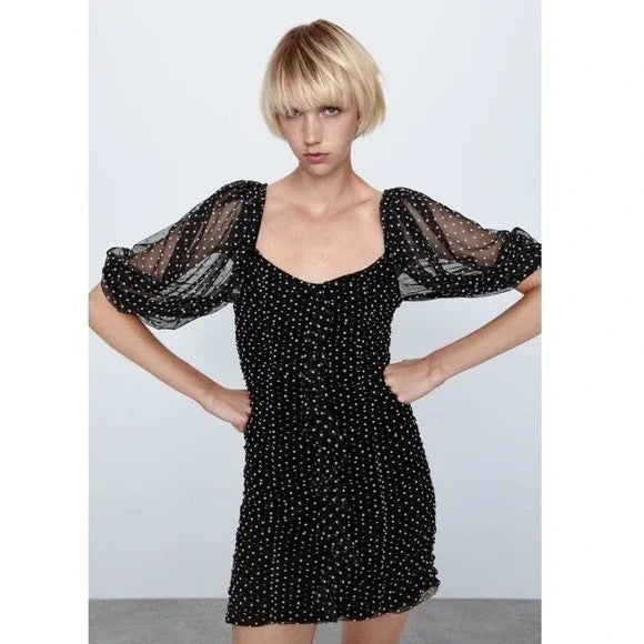 ZARA Chiffon Black Polka Dot Ruched Mini Dress Black Gray Party Blogger Small