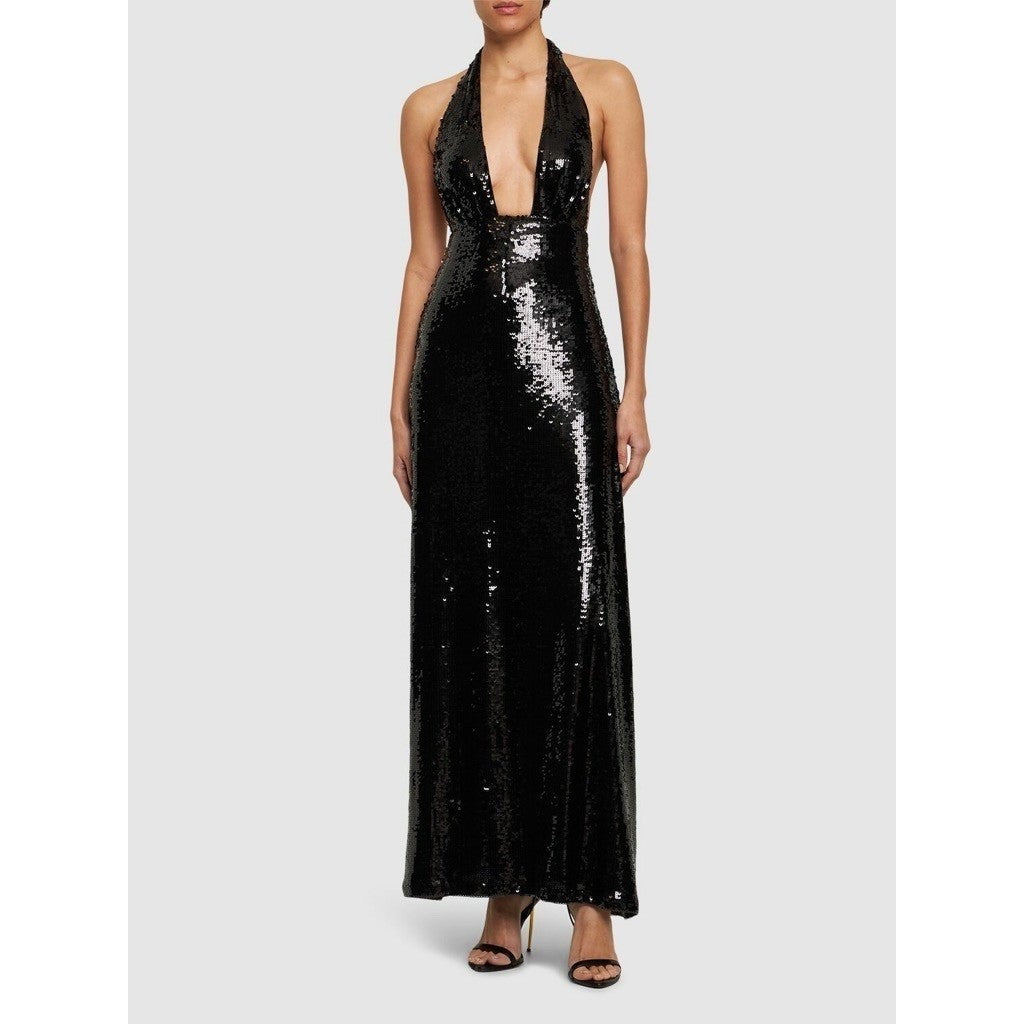 NWT!! WEWOREWHAT Black Sequin Halter Dress Full Length Maxi Glam Party Size 2