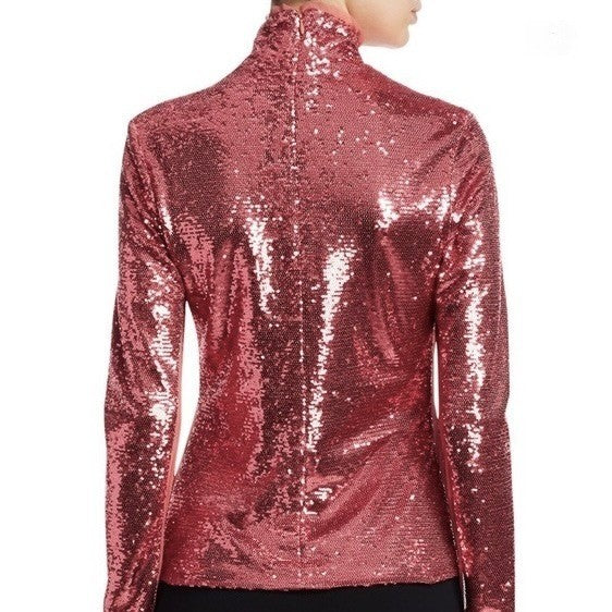 CINQ A SEPT Joan Sequin Top Blouse Rosewood Pink Mock Neck Sequinned X-Small