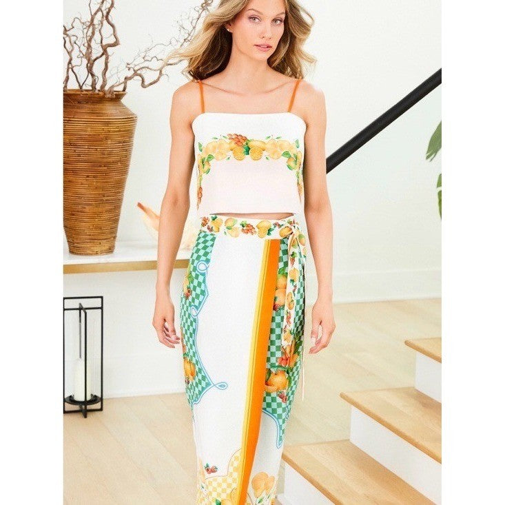 NWT!! ANTONIO MELANI Callista Cropped Linen Top Citrus Bliss Fruit Checkered 0