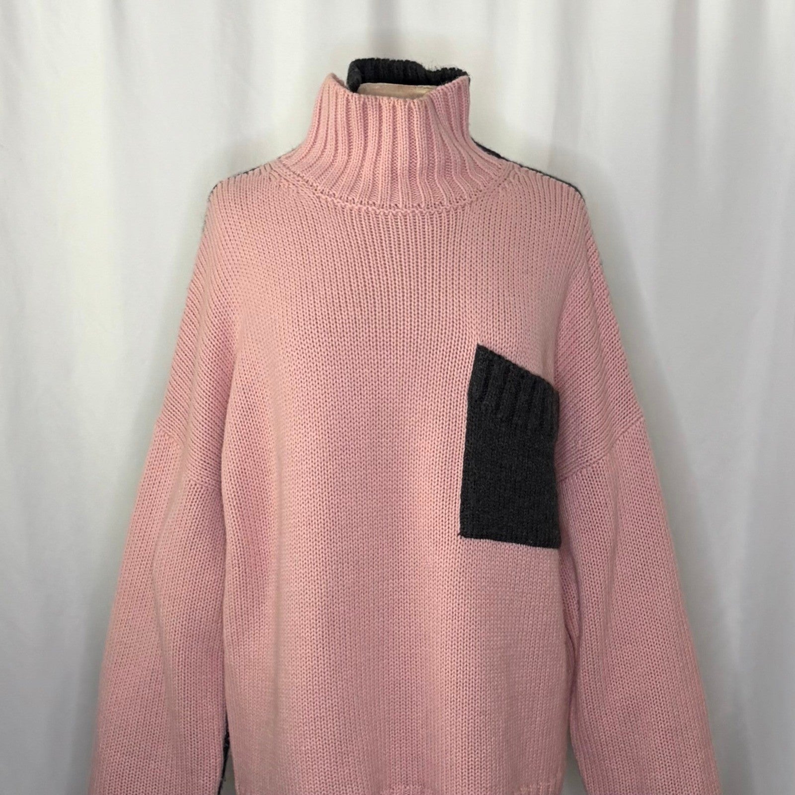 JW ANDERSON Patch Pocket Sweater Pink Grey Pullover Knit Mock Turtleneck Large