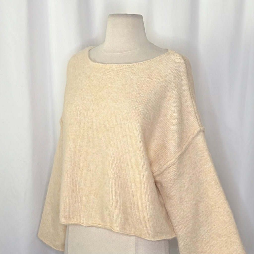 ZARA Bateau Neck Cropped Sweater Wool Solid Ivory Pullover Knit Knitwear Small
