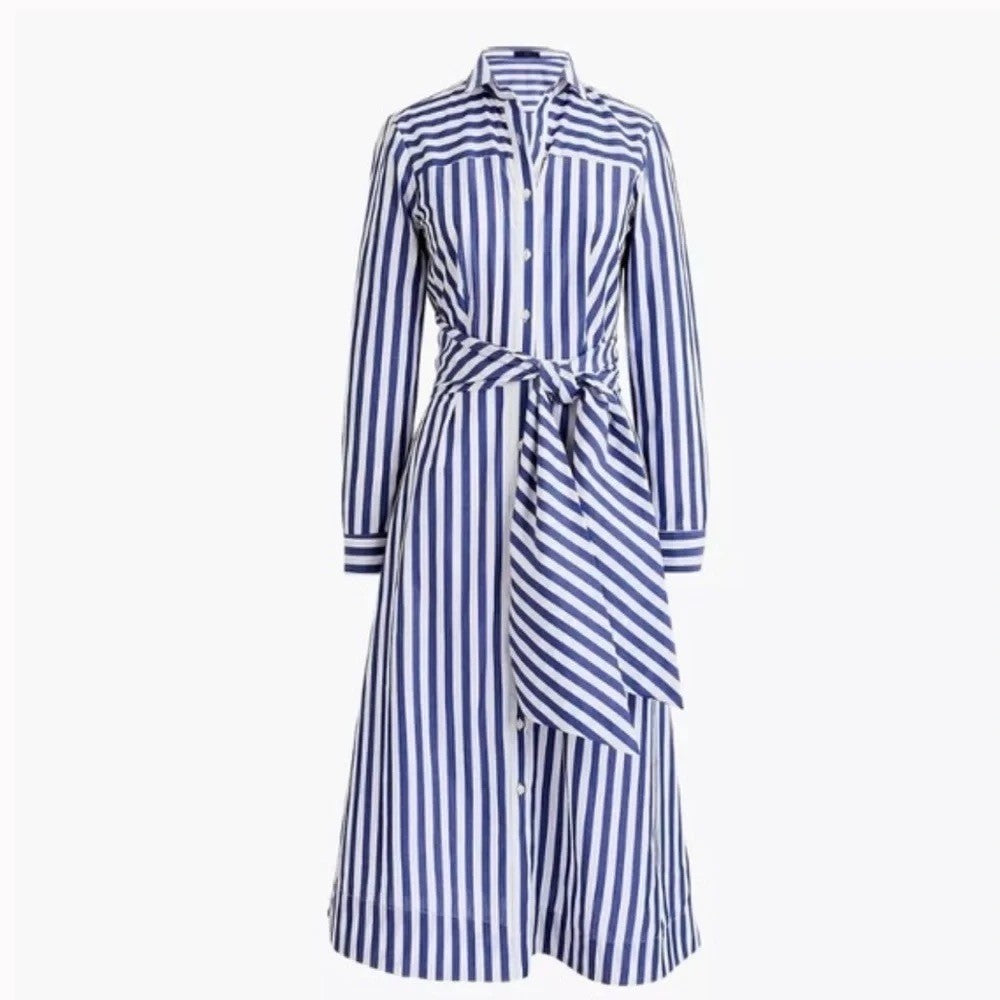 J. CREW Lighthouse Tie Waist Shirtdress Blue White Stripe Shirt Dress Size 0