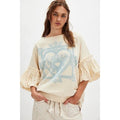 NWT!! FREE PEOPLE Doily Sweatshirt Heart Ivory Blue Eyelet Lace Bohemian Small