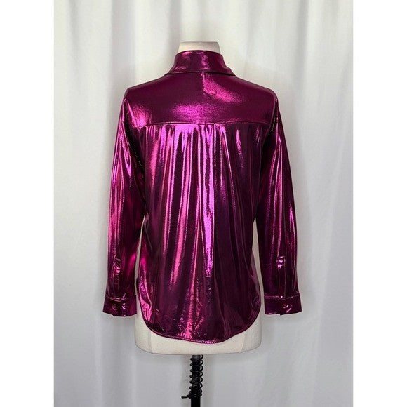 By ANTHROPOLOGIE Magenta Pink Shimmer Shine Lamé Buttondown Top Blouse X-Small