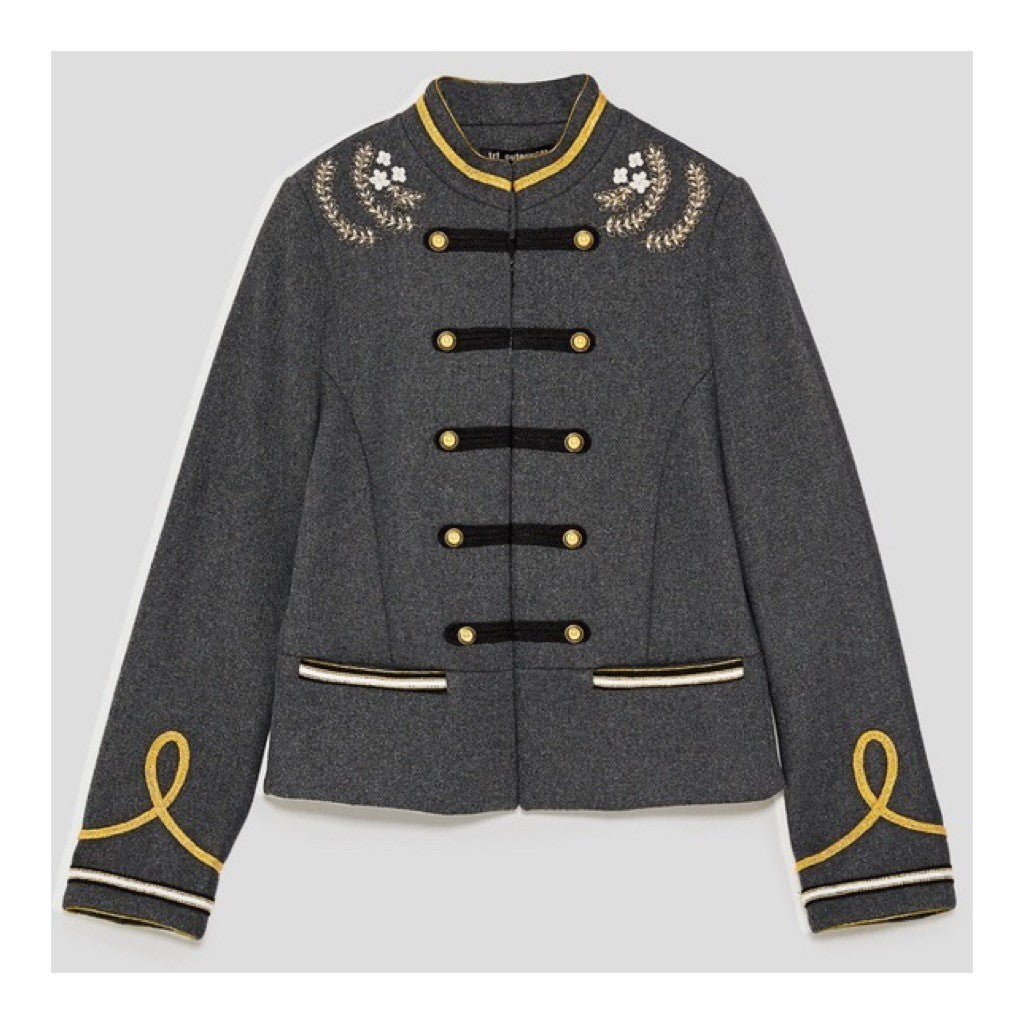 NWT!! ZARA Embroidered Military Jacket Charcoal Gray Gold Braid Buttons Large