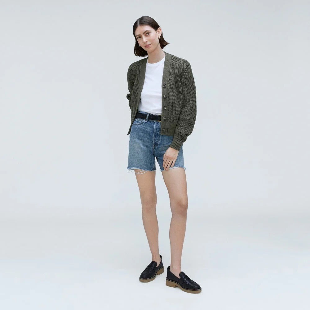 EVERLANE The Texture Cotton Cardigan Sweater Raglan Kambaba Green Knitwear Small