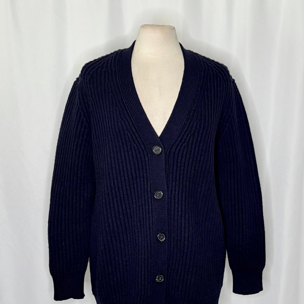 J. CREW Wool Navy Blue Cardigan Sweater Solid Ribbed Knit Preppy Academia Large