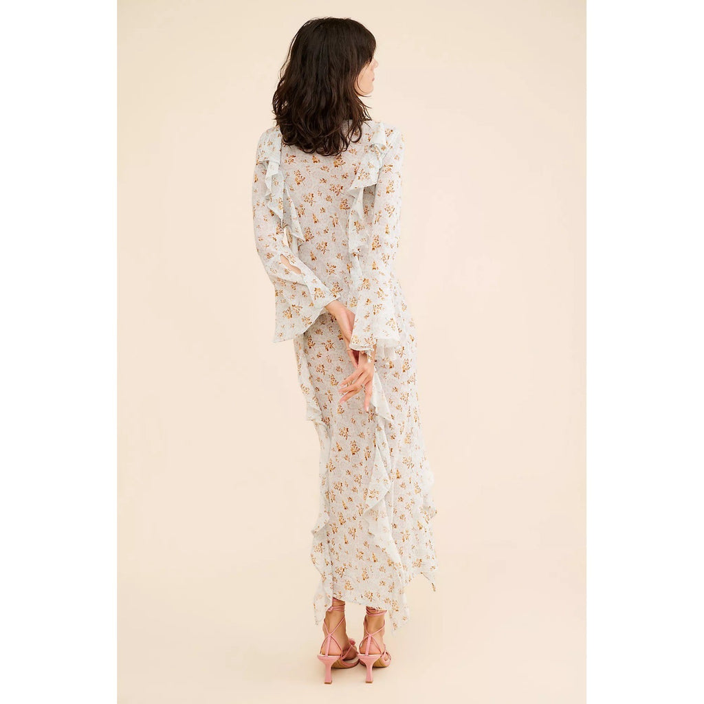 SPELL & THE GYPSY Fleur Frill Bias Maxi Dress Teapot Blue Floral Bohemian Large