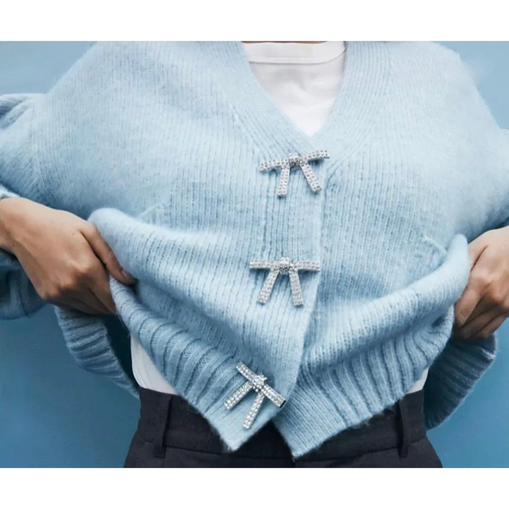 ZARA Jewel Bow Cardigan Sweater Baby Blue Coquette Blogger Favorite Preppy Small