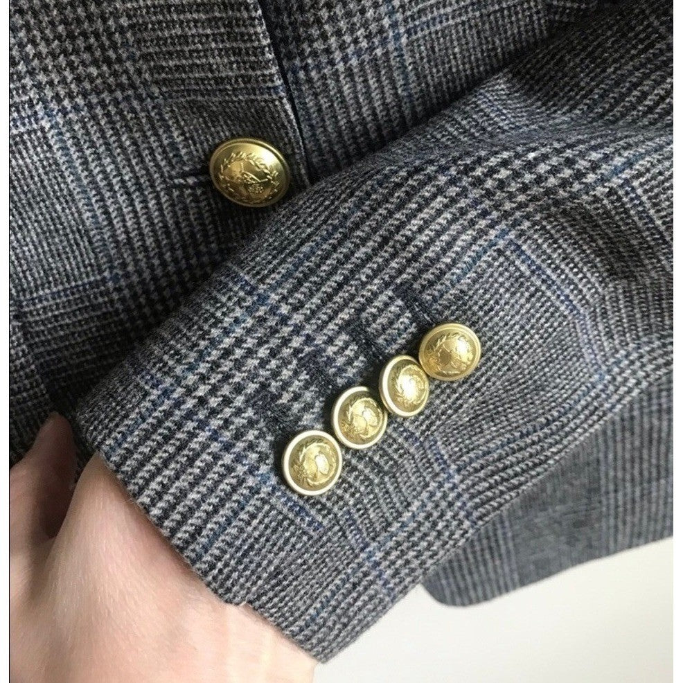 J. CREW Wool Regent Blazer Plaid Satin Lapels Houndstooth Black Gray Size 6