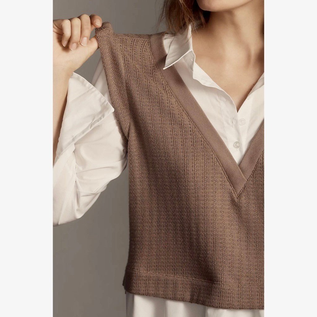 By ANTHROPOLOGIE Twofer Sweater Vest Shirt Blouse Layered Brown White X-Small