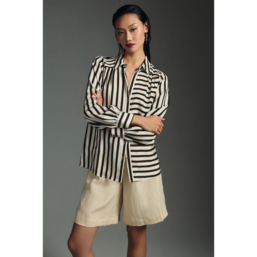 Anthropologie MAEVE Silky Striped Buttondown Black White Tan Button Down Small