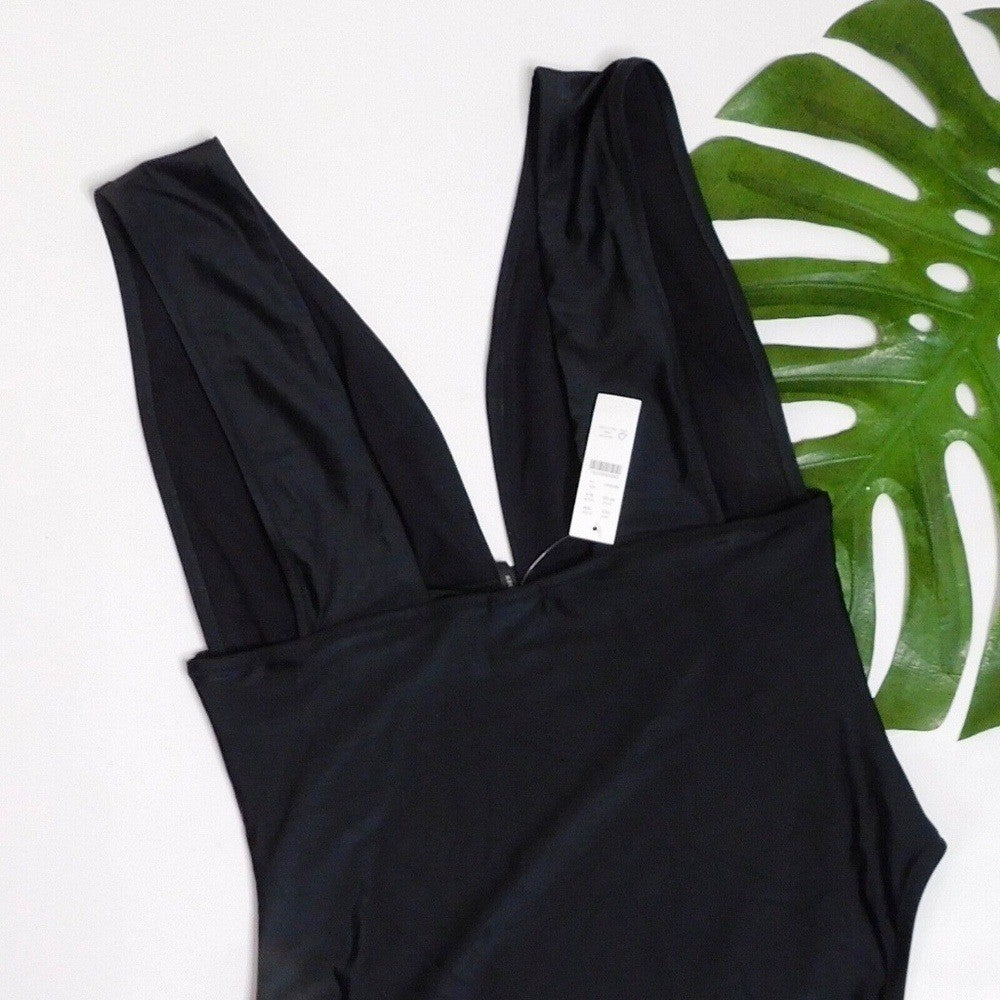 NWT!! J. CREW Black One Piece Plunge V-Neck Swimsuit Solid Classic Size 14