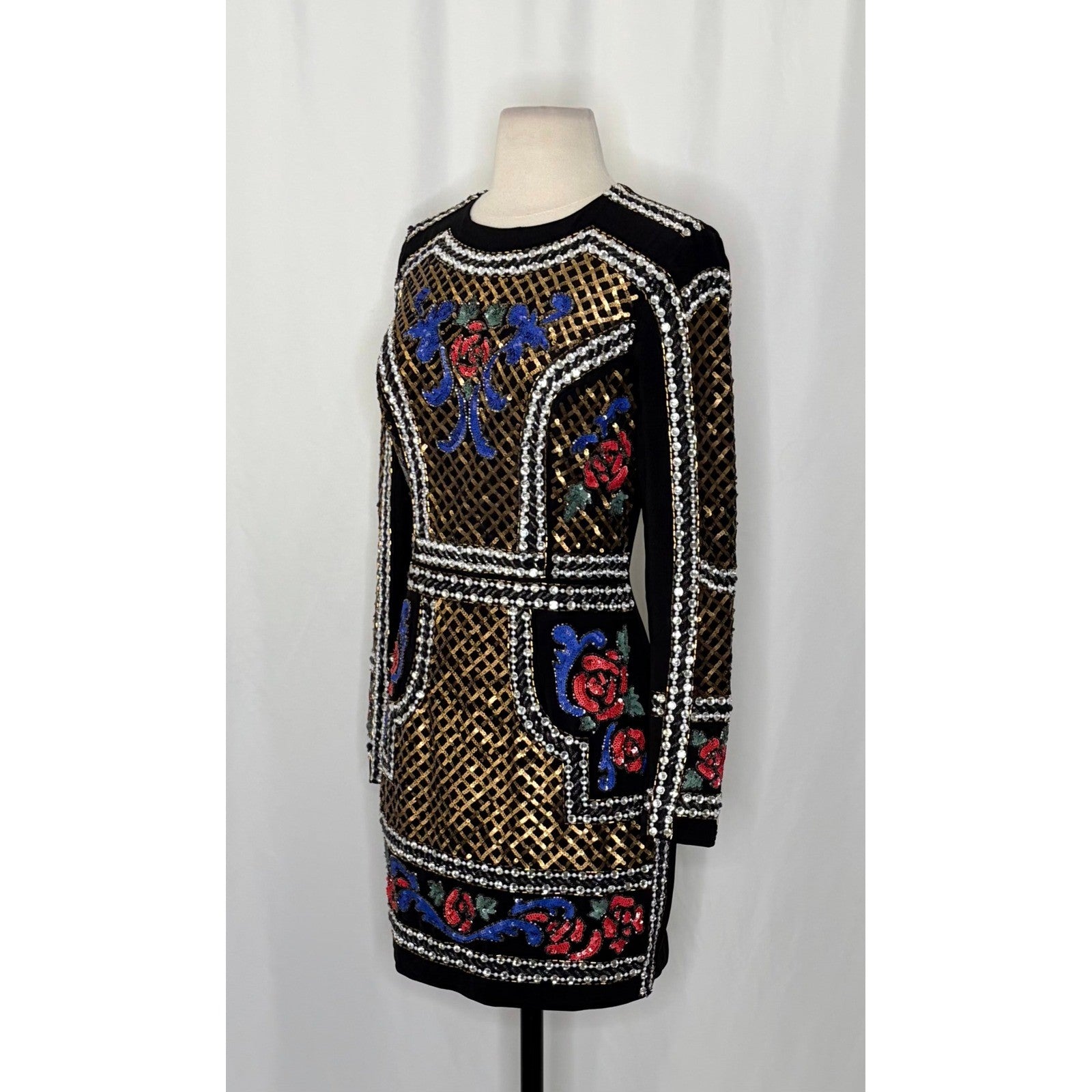 BEBE Black Beaded Sequin Crepe Dress Balmain Bodycon Mini Glam Floral Party 4