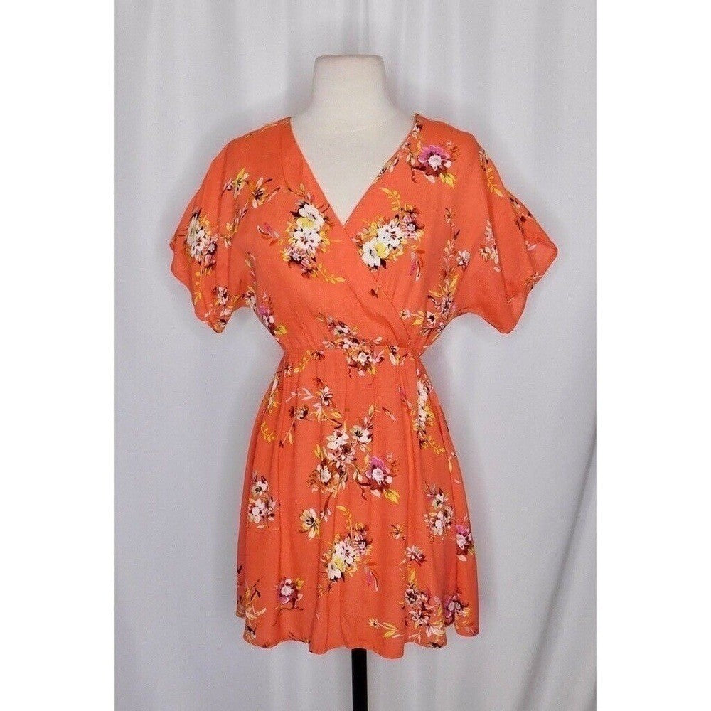 OBEY Pinot Floral Mini Dress Dolman Surplice Coral Pink Orange Boho X-Small