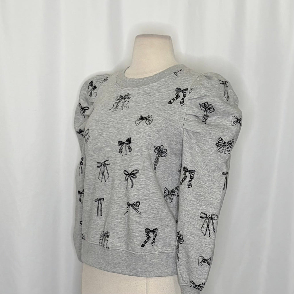 Anthropologie MAEVE Puff Sleeve Embroidered Bow Pattern Sweatshirt Top Small