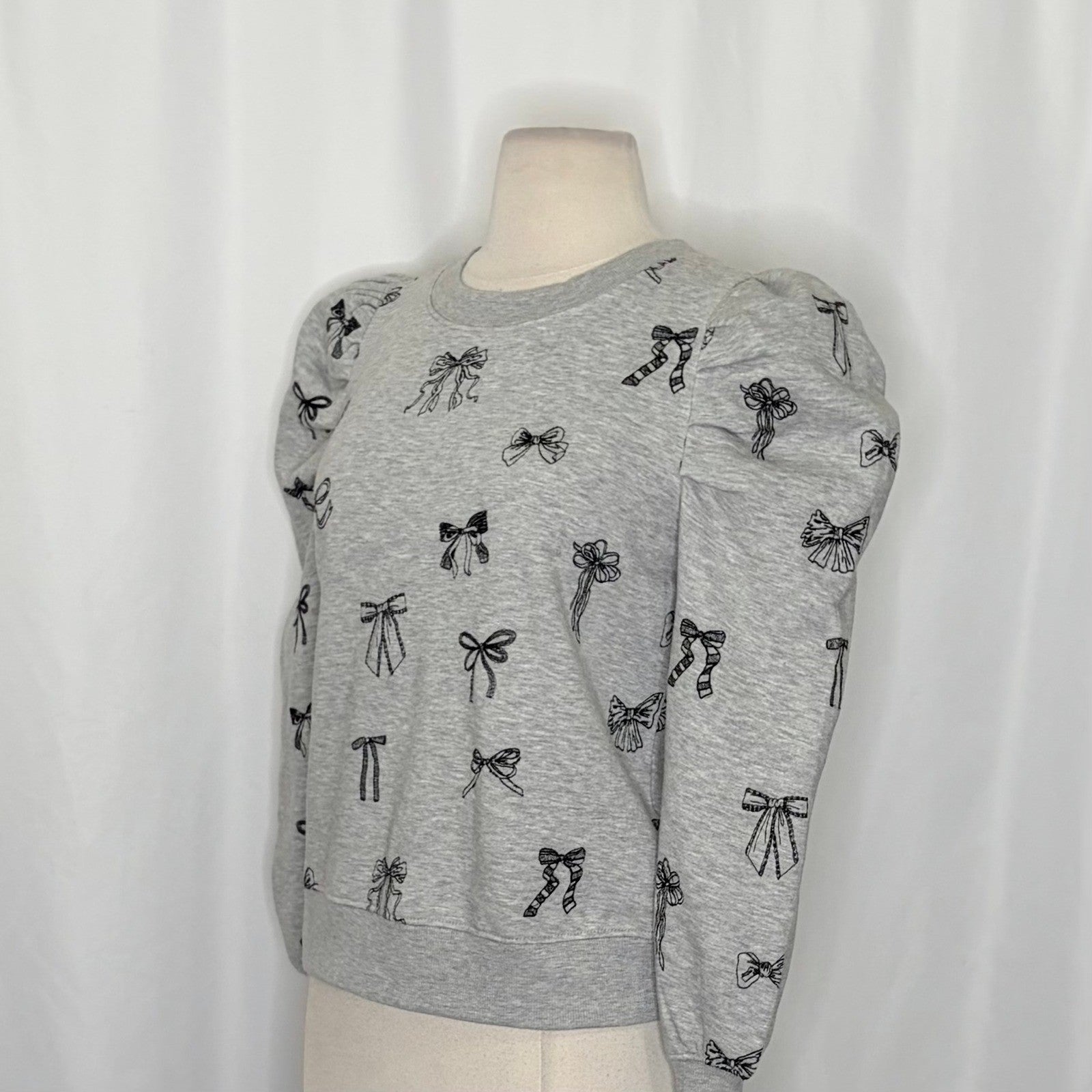 Anthropologie MAEVE Puff Sleeve Embroidered Bow Pattern Sweatshirt Top Small