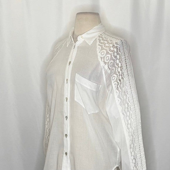 Anthropologie HOLDING HORSES White Lace Sleeve Buttondown Shirt Top Lacey Small