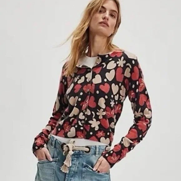 NWT!! FREE PEOPLE Nocturnal Patterned Cardi Black Retro Combo Hearts Floral XS