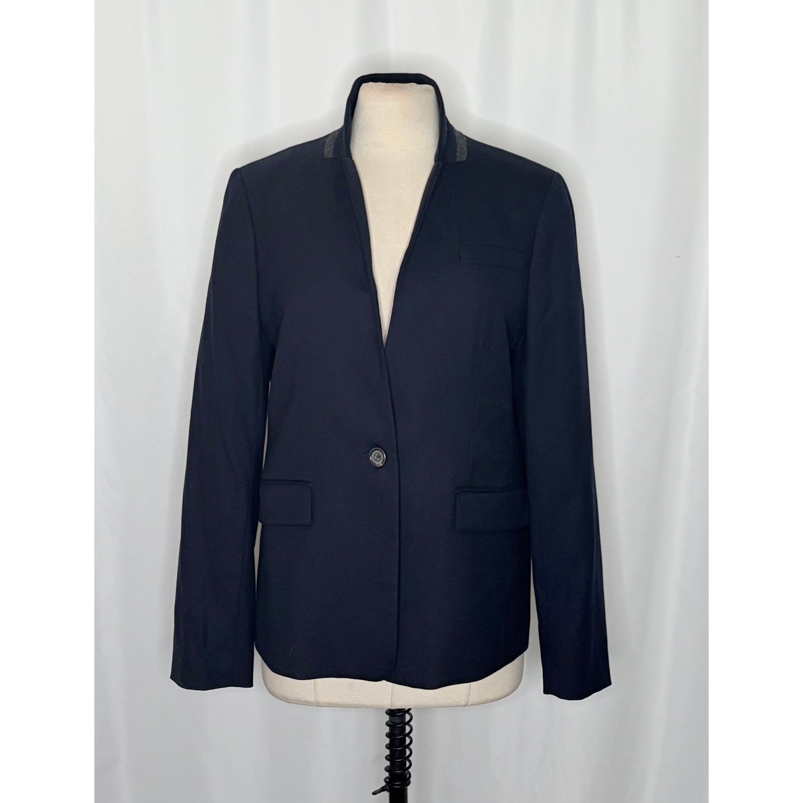 J. CREW Regent Blazer Navy Blue Wool Flannel Striped Lining Single Button 12