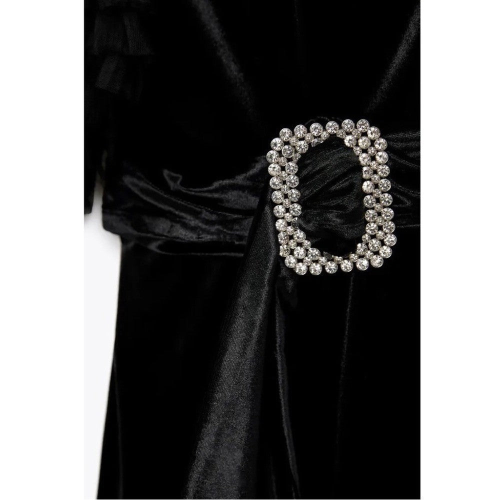 NWT!! ZARA Black Velvet Dress Ruffled Tulle Sleeves Rhinestone Party Cocktail