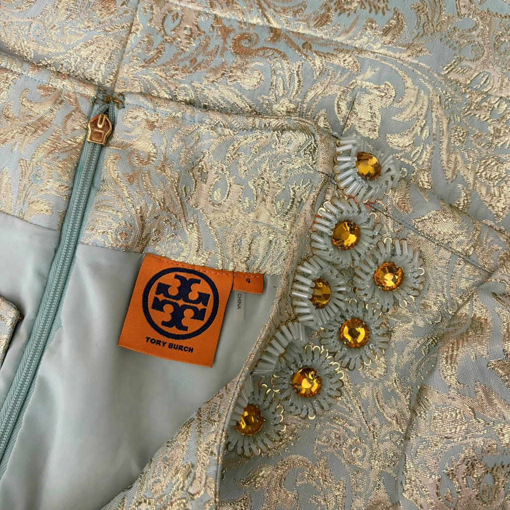 TORY BURCH Lola Top Blouse Aqua Glass Embellished Silk Brocade Floral Size 4