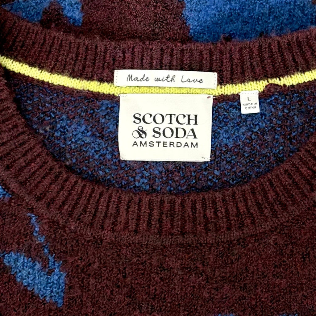 SCOTCH & SODA Crewneck Tulip Intarsia Pullover Sweater Burgundy Blue Large