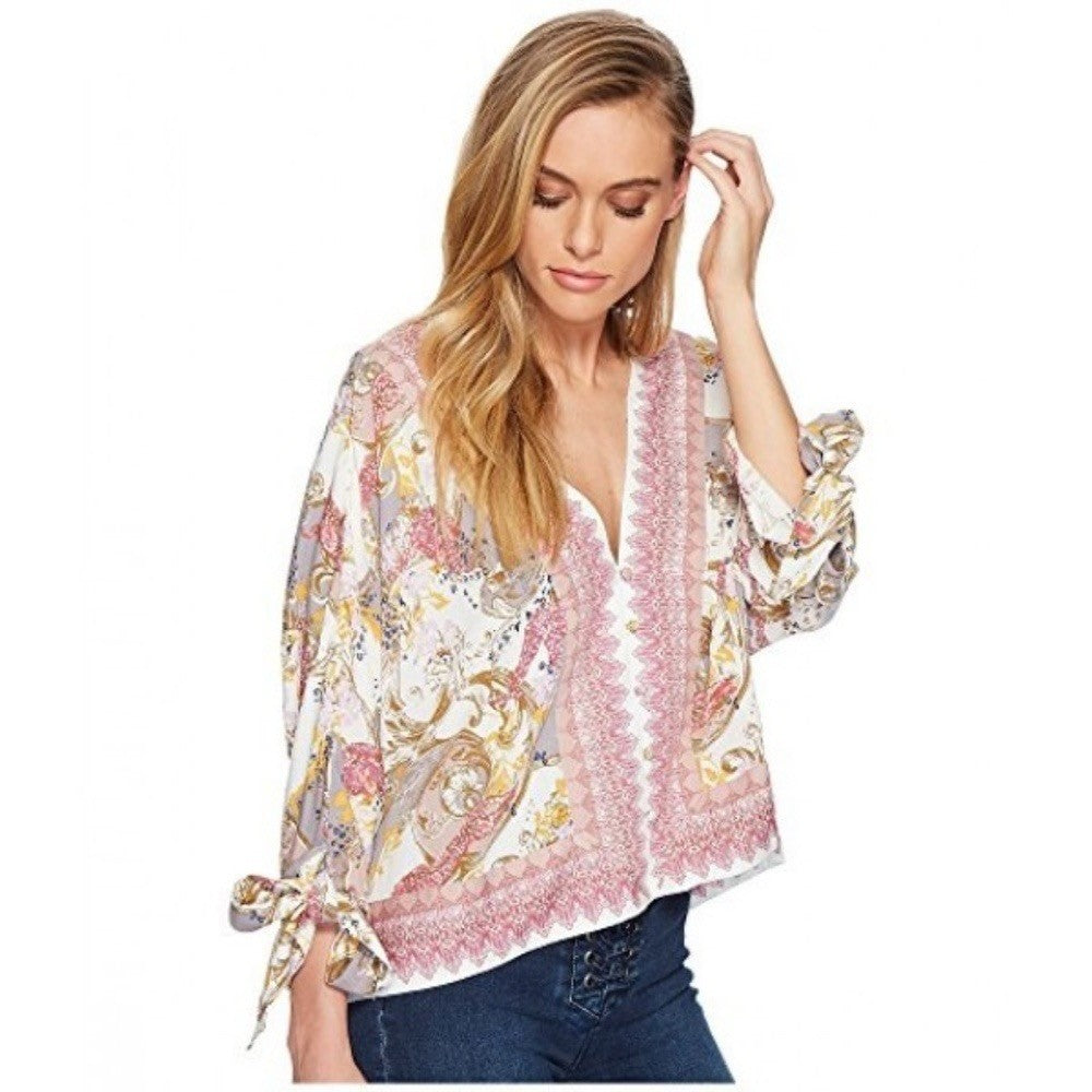 FREE PEOPLE Catch Me If You Can Top Blouse Boho Floral Tie Sleeves Pink Small