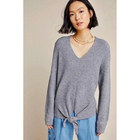 By ANTHROPOLOGIE Rocio Ribbed Tie Front Sweater Solid Gray V Neck Knit Medium