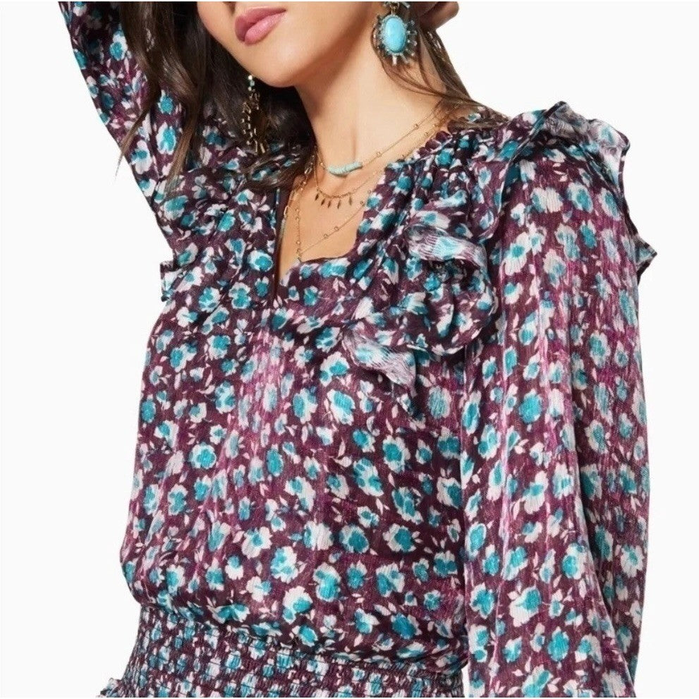 RAMY BROOK Silk Penelope Dress Roco Floral Mini Ruffled Smocked Purple Teal XS
