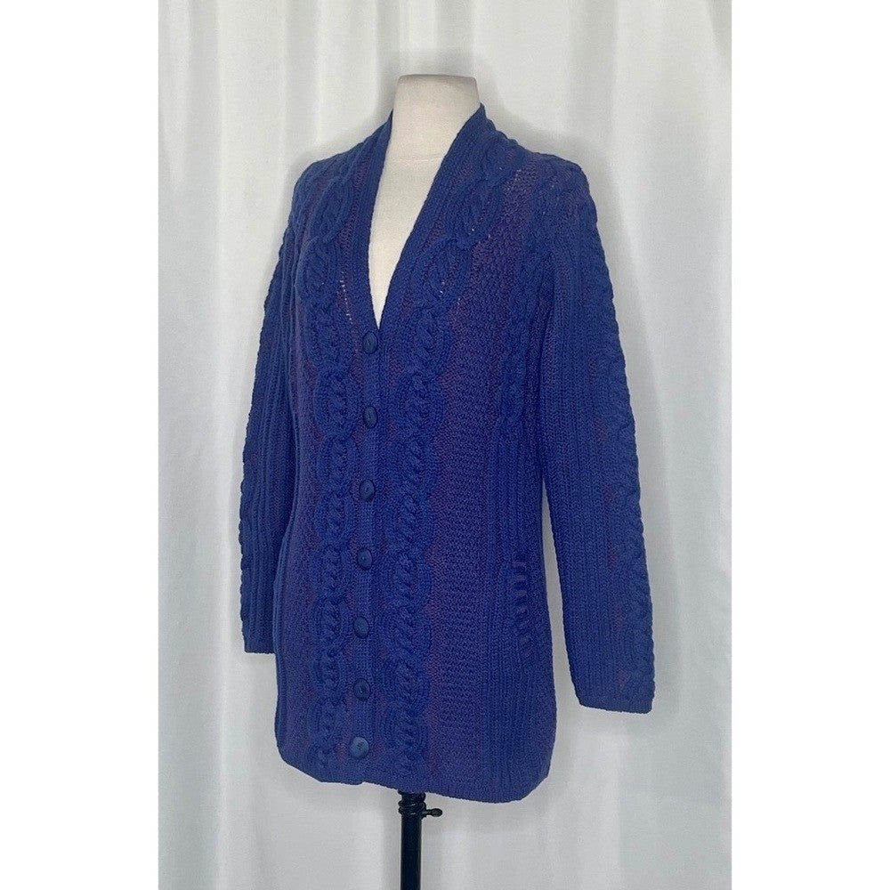 ARANCRAFTS Aran Crafts Merino Wool Purple Blue Cardigan Sweater Ireland Small