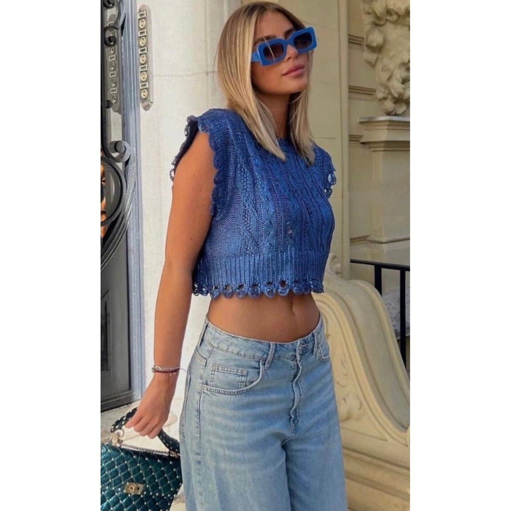 ZARA Metallic Blue Cropped Sweater Cableknit Distressed Cable Knit Crop Small