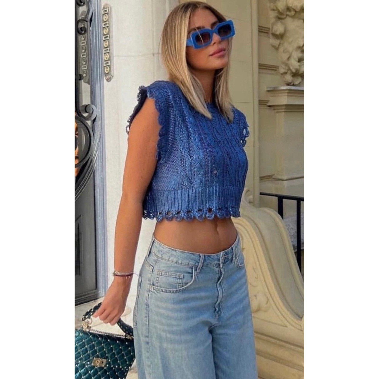 ZARA Metallic Blue Cropped Sweater Cableknit Distressed Cable Knit Crop Small
