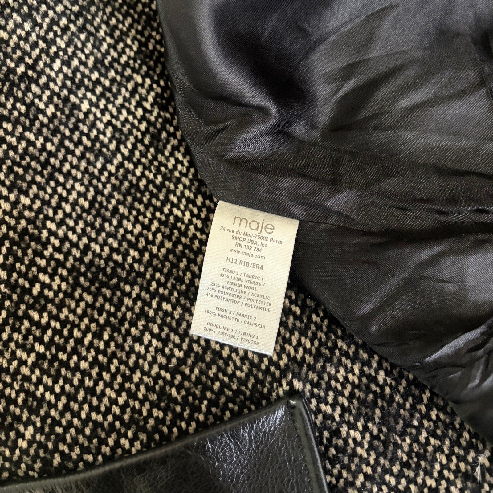 MAJE Ribiera Leather Tweed Coat Moto Inspired Pockets Zipper Size 38 US Medium