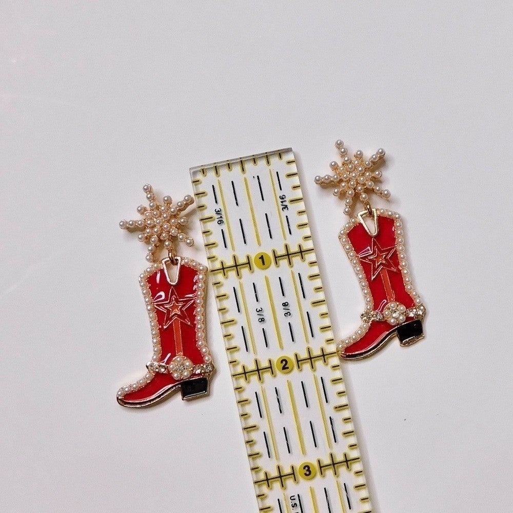 NEW! Red Cowgirl Boots Pearl Embellished Rhinestone Western Bling Glam Earrings