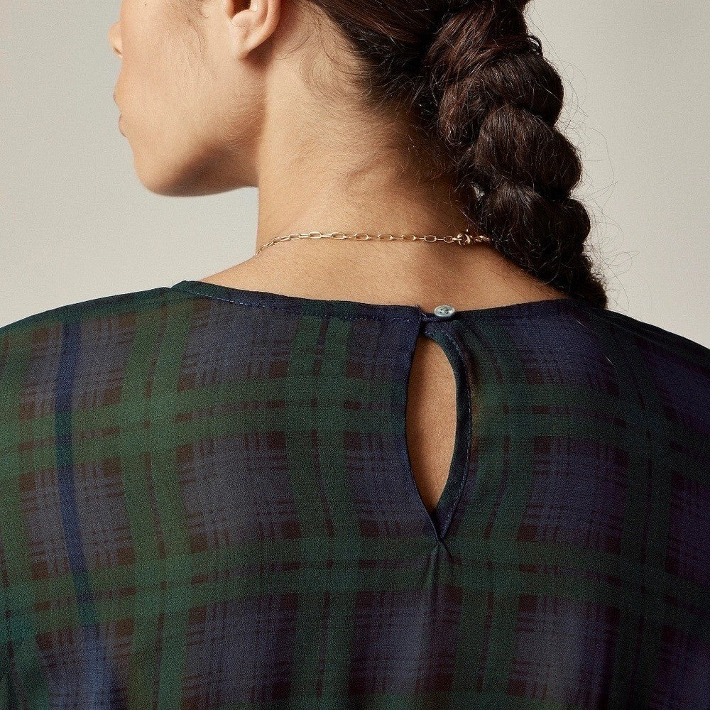 NEW!! J. CREW Chiffon Shirred-Waist Top Black Watch Tartan Plaid Copper Green 00