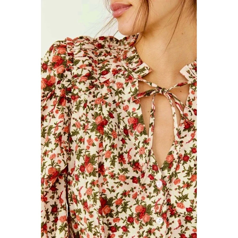 FREE PEOPLE Meant To Be Blouse Floral Vintage Combo Ruffled Smocked Small