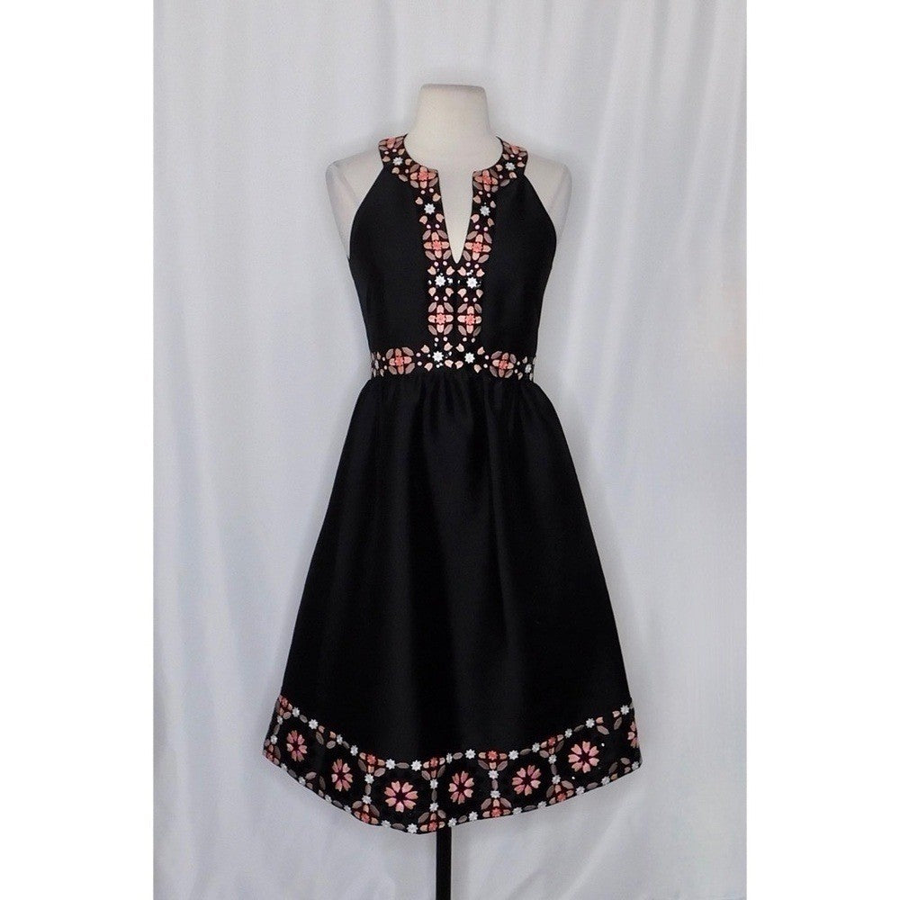 KATE SPADE Black Mosaic Embellished Embroidered Midi Dress Fit N' Flare Size 0