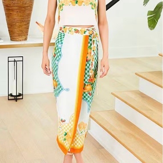 NWT!! ANTONIO MELANI Clio Wrap Skirt Linen Citrus Bliss Midi Fruit Checkered 0