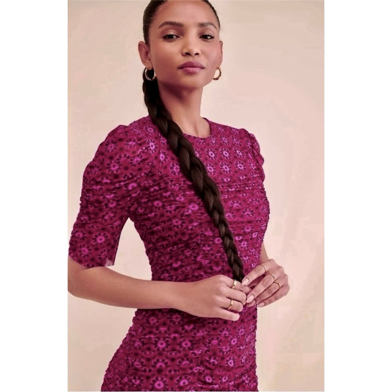 FREE PEOPLE Briella Dress Floral Ruched Midi Fuchsia Combo Ruching Party Large