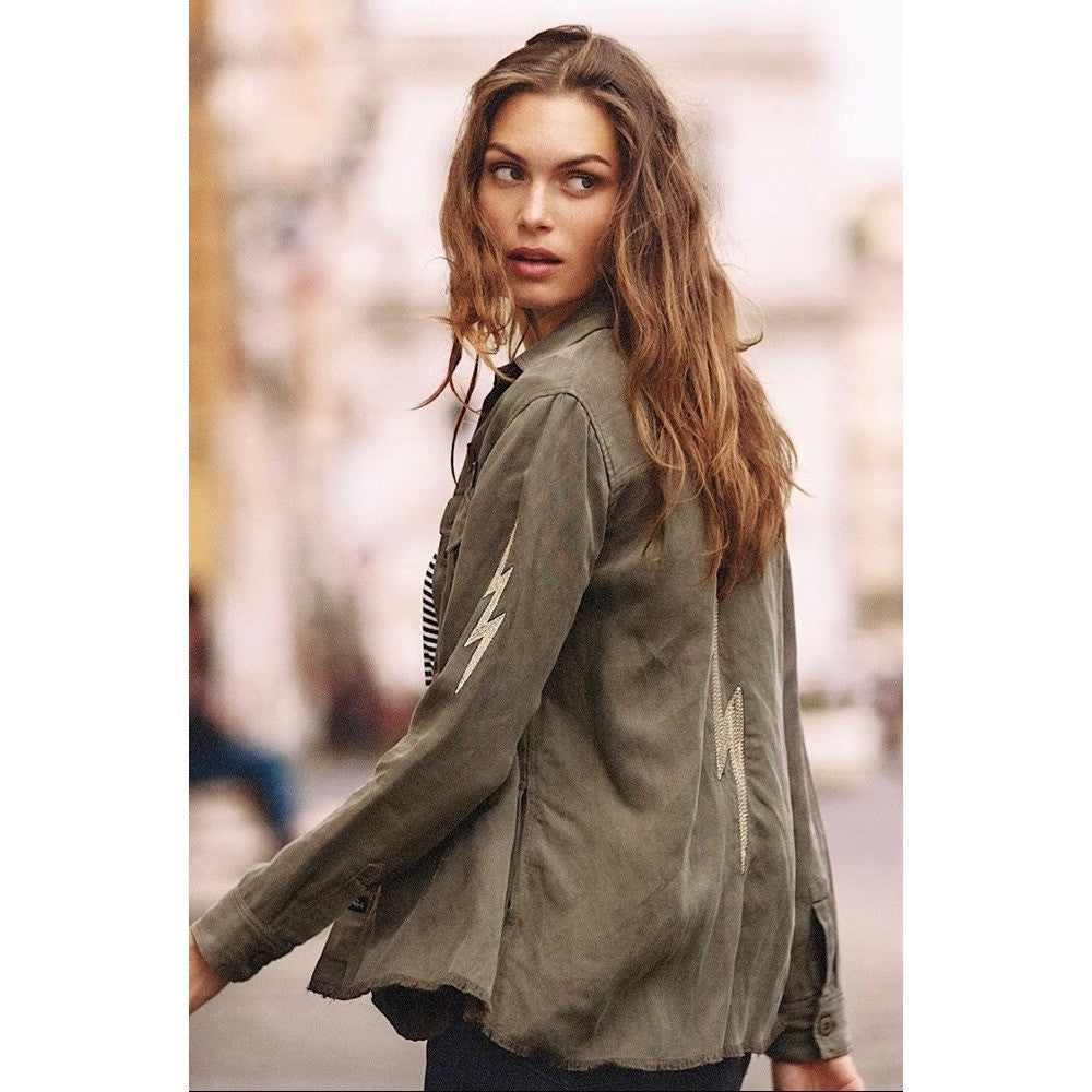 RAILS Loren Olive Lightning Bolts Buttondown Military Style Jacket Top Medium