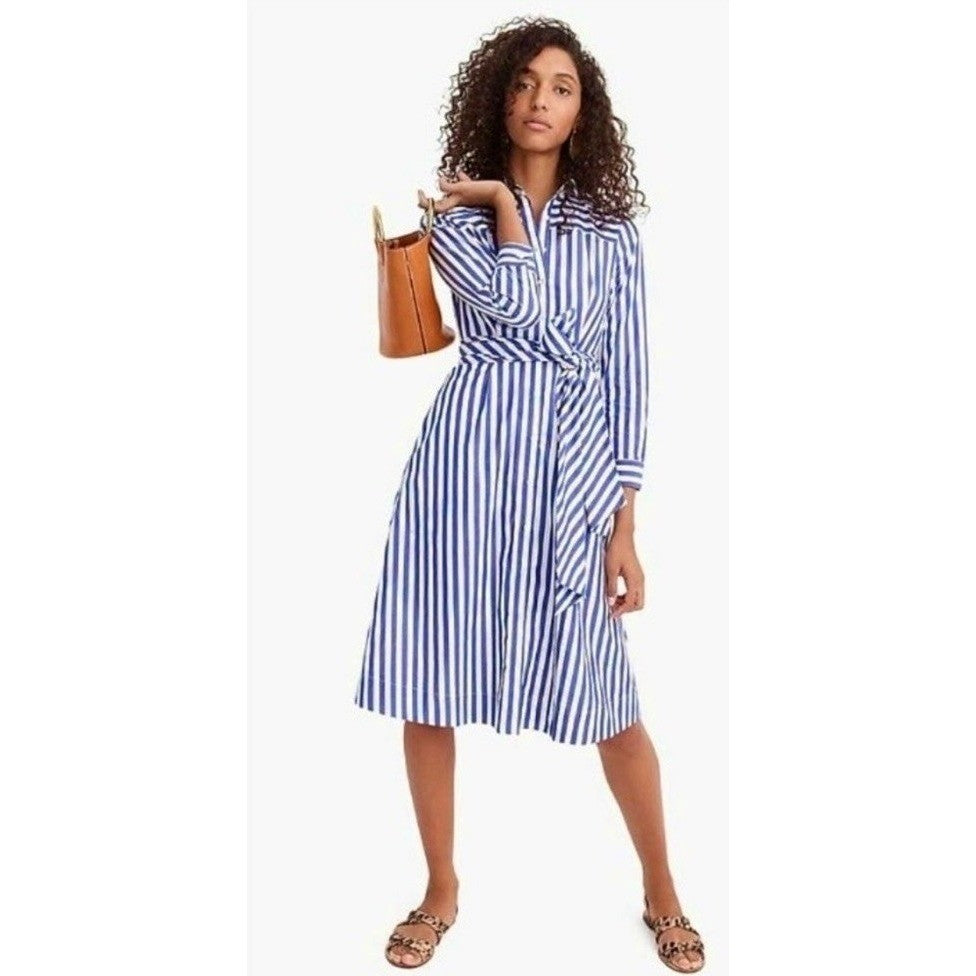 J. CREW Lighthouse Tie Waist Shirtdress Blue White Stripe Shirt Dress Size 0