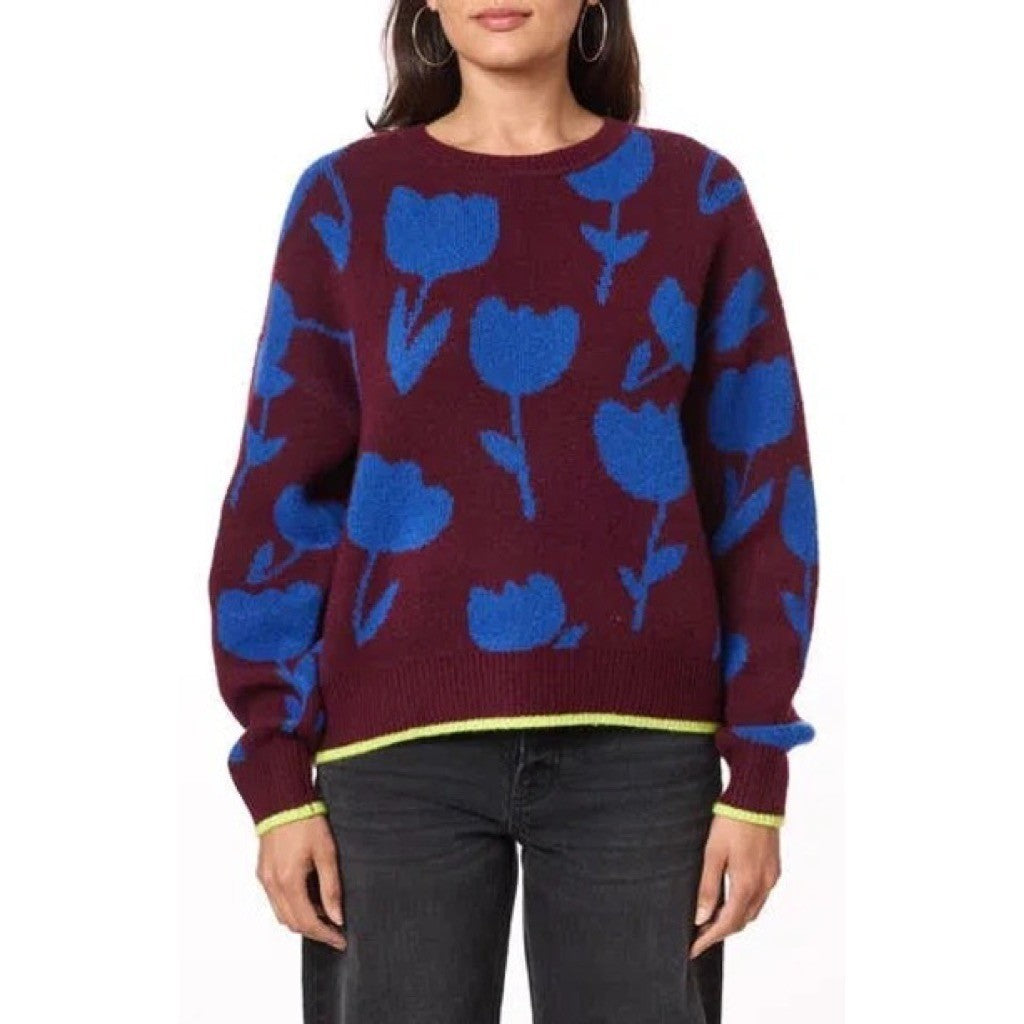 SCOTCH & SODA Crewneck Tulip Intarsia Pullover Sweater Burgundy Blue Large